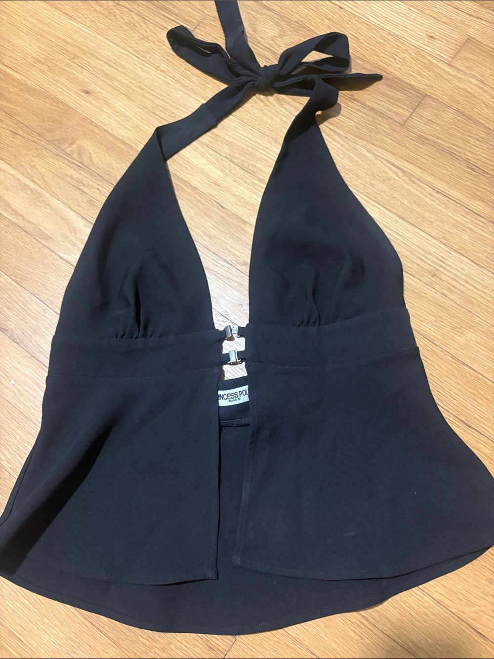 Princess Polly Black Halter Peplum Top with Front Clasp Detail